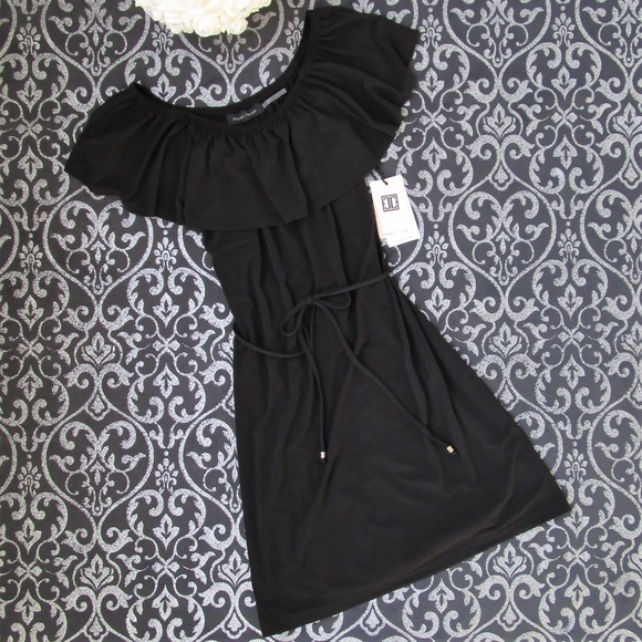 NWT Black Off Shoulder Ruffle Popover Midi Dress - Picture 2 of 8